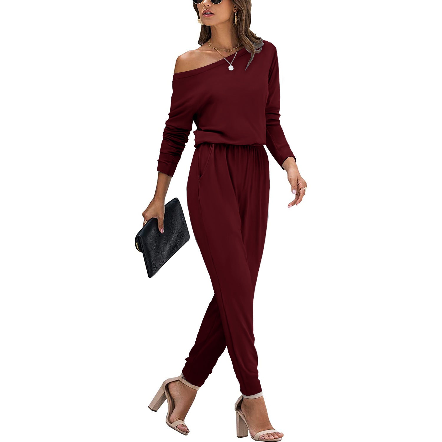 One-word collar onesie long-sleeved solid color women's jumpsuit