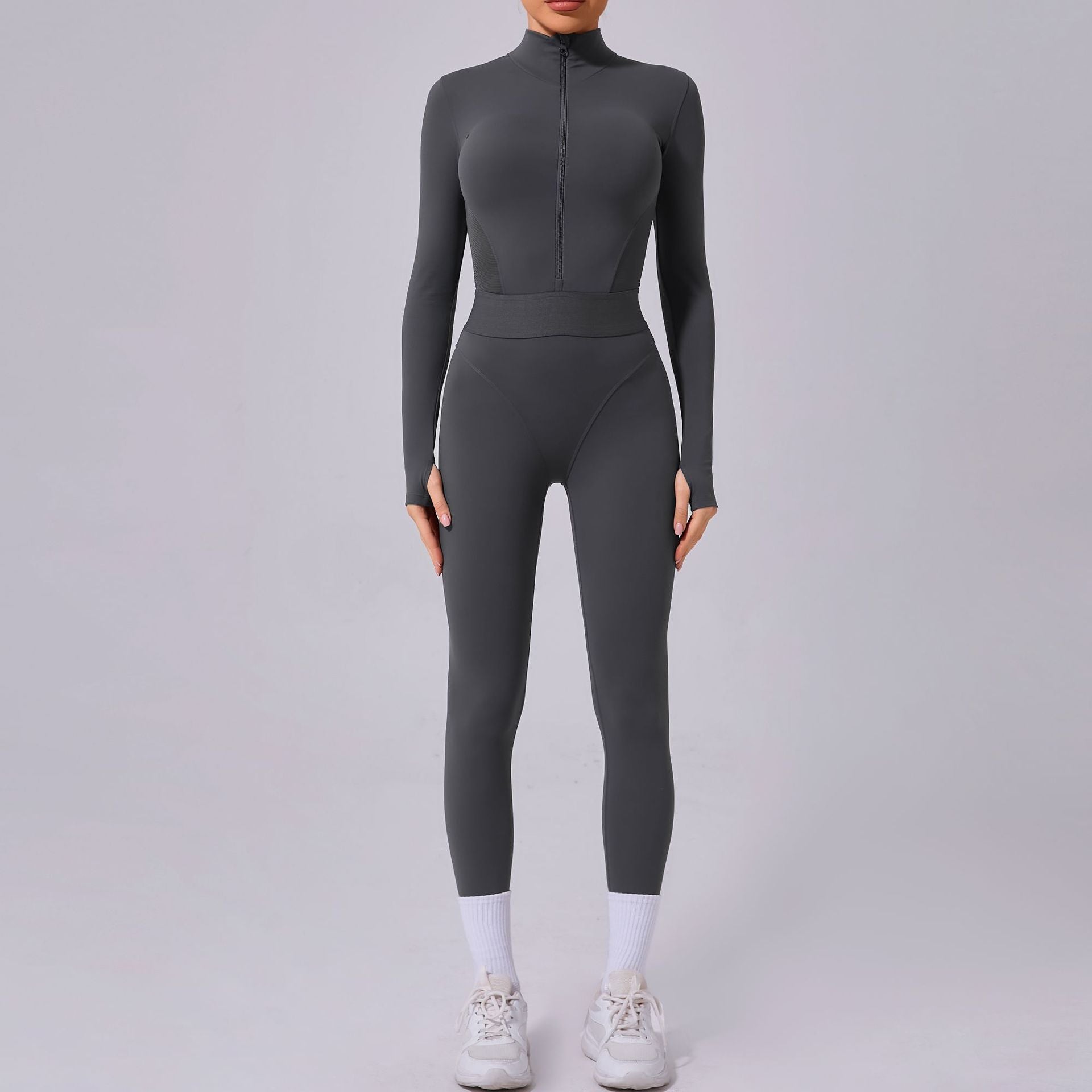 Side net yoga jumpsuit tight rubber band waist finger hole splicing sports fitness jumpsuit