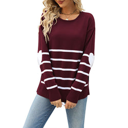 Striped sleeves plus love color matching long-sleeved pullover knitted sweater