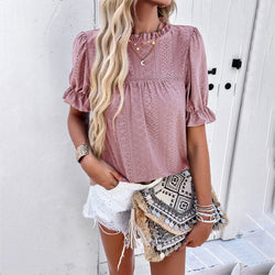 Spring and summer casual solid color short-sleeved hollow top