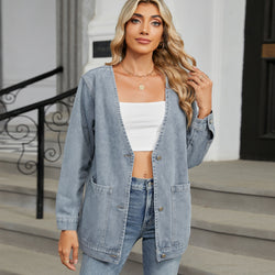 Washed long-sleeved V-neck denim jacket top