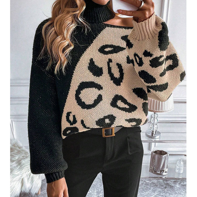 Sexy off-the-shoulder leopard print spliced turtleneck pullover sweater