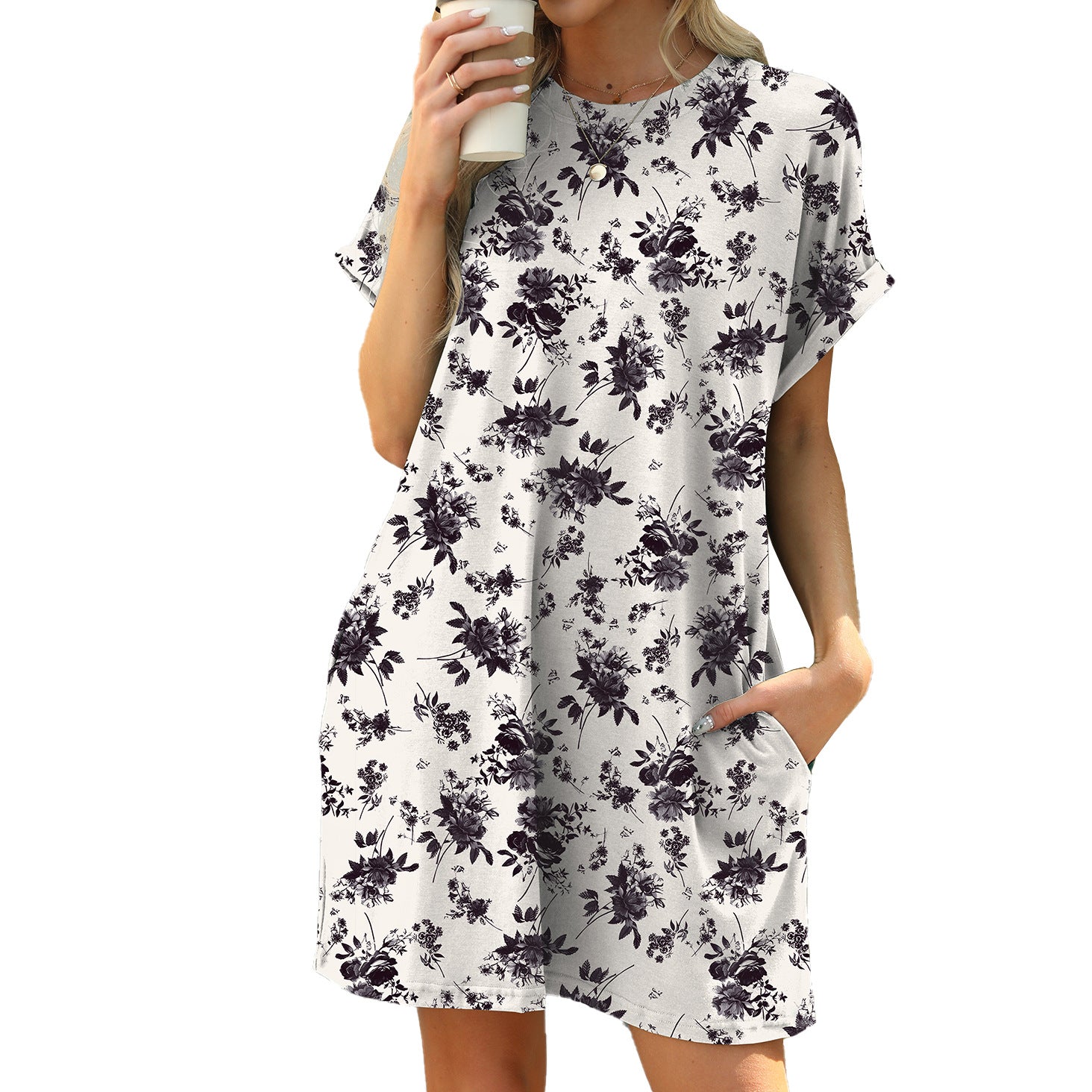 Spring and summer new loose round neck short-sleeved printed pocket dress in stock