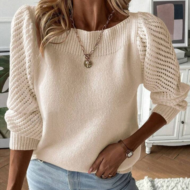 Sweater women's autumn and winter new solid color hollow long-sleeved one-word shoulder pullover knitted sweater top