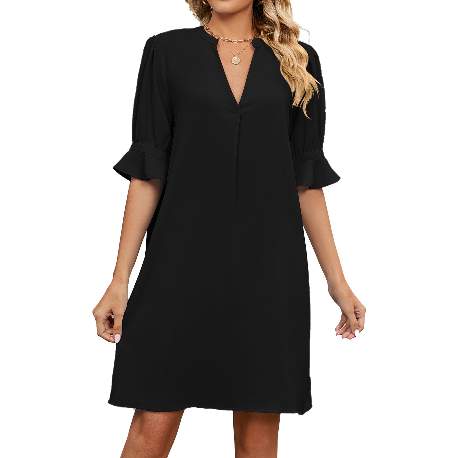 Summer new solid color V-neck loose pleated five-quarter sleeve dress women