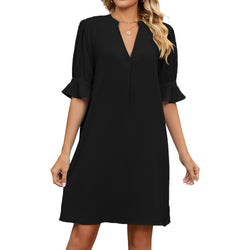 Summer new solid color V-neck loose pleated five-quarter sleeve dress women