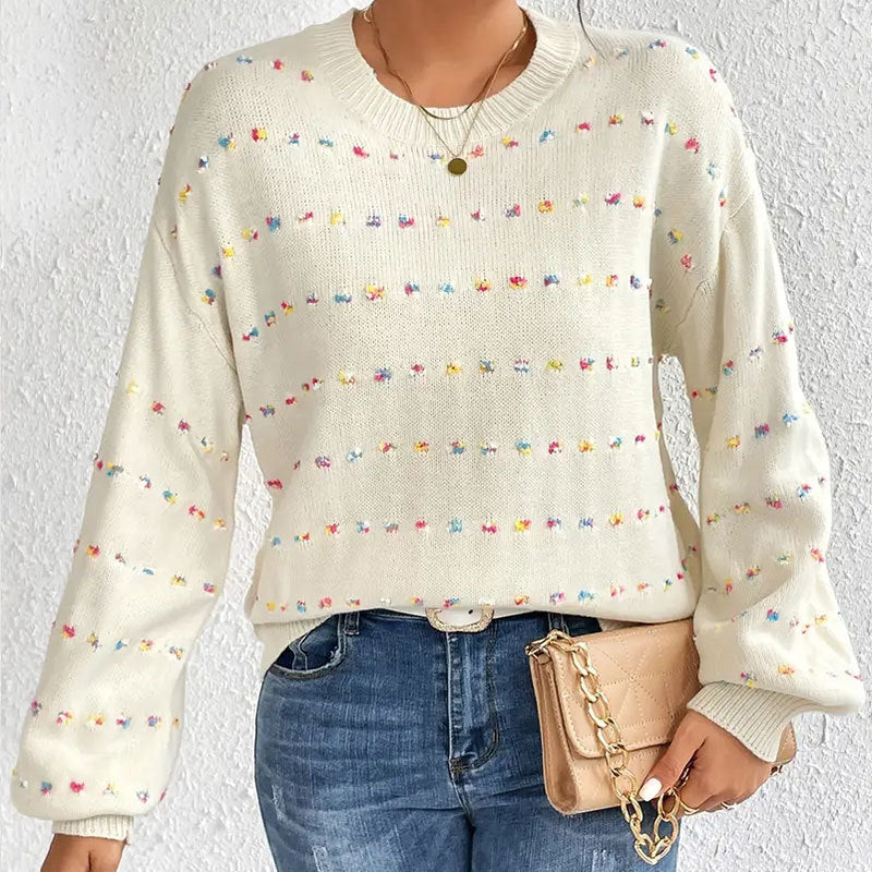 Fashion Women's Sweater Color Dot Jacquard Crew Neck Pullover Knitted Sweater