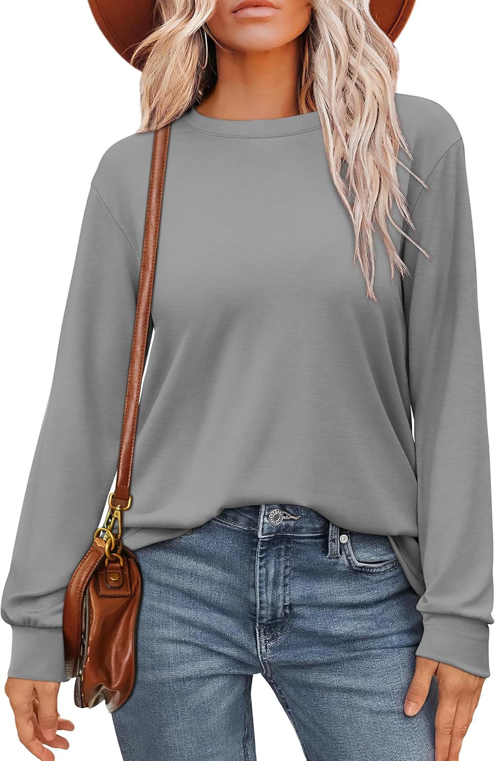 Women's basic solid color round neck pullover long sleeve shirt top T-shirt