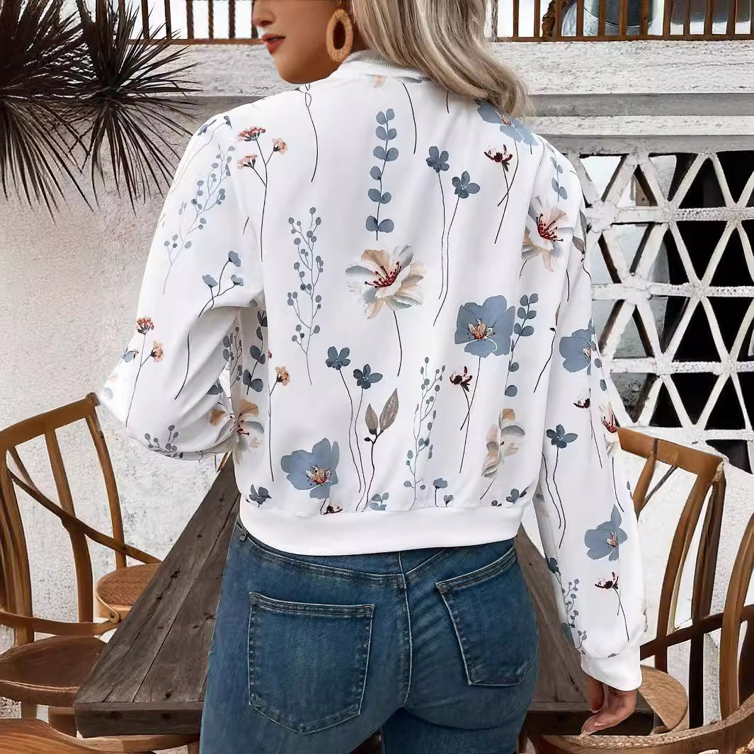 Women's Zipper Floral Print Long Sleeve Short Casual Jacket