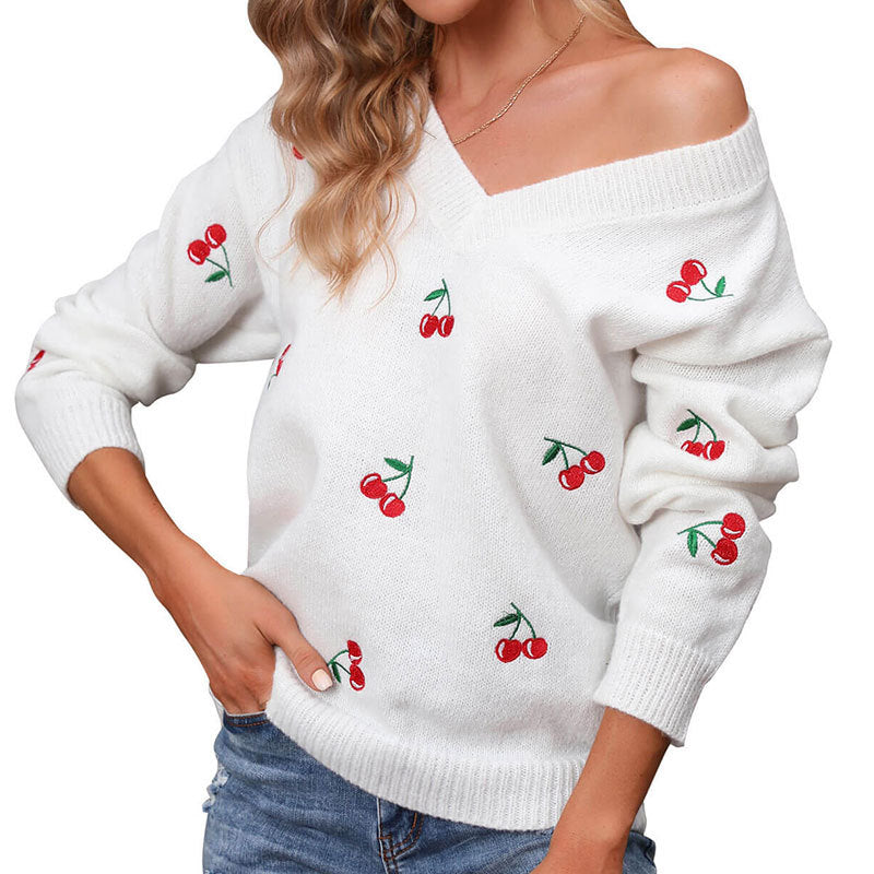 New loose casual knitted sweater cherry embroidered V-neck pullover sweater women