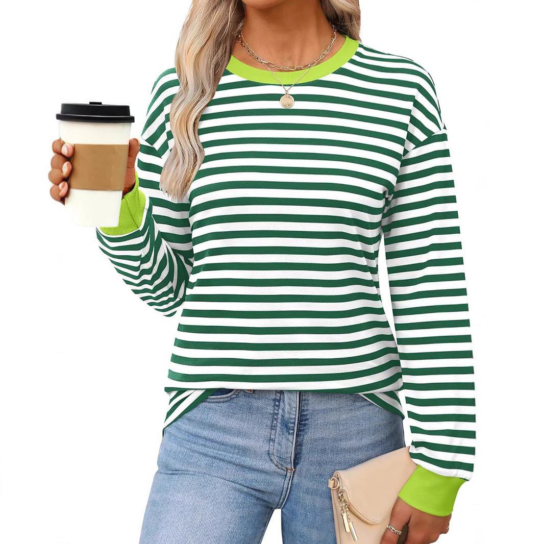 Fashion Women's Clothing Contrasting Stripes Loose Crew Neck Long Sleeve Women's T-Shirt