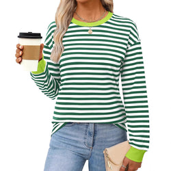 Fashion Women's Clothing Contrasting Stripes Loose Crew Neck Long Sleeve Women's T-Shirt