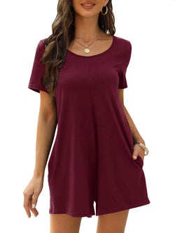 Crew neck short onesie tunic backless short-sleeved jumpsuit