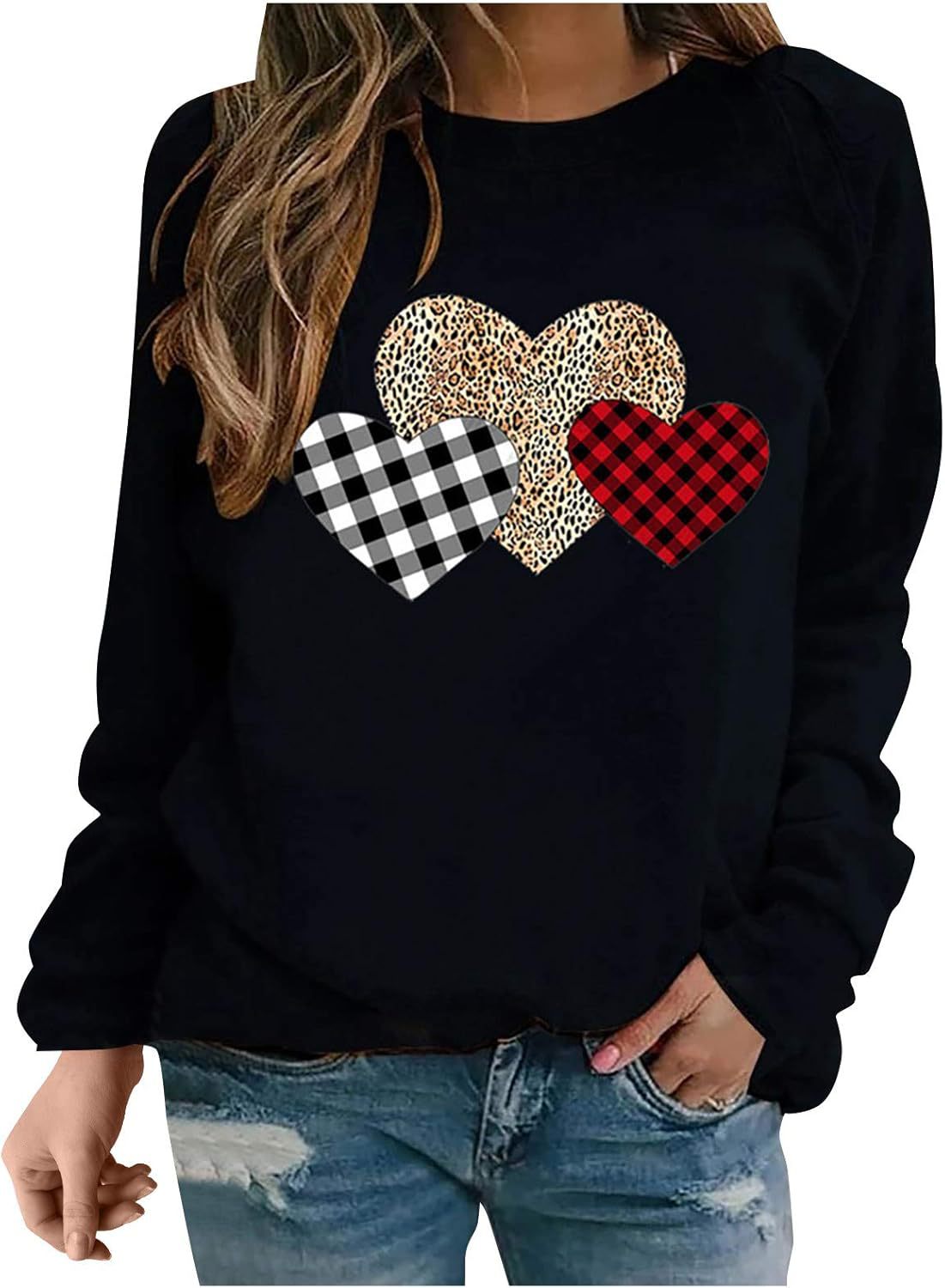 Leopard print love pullover loose casual crew neck women's sweater