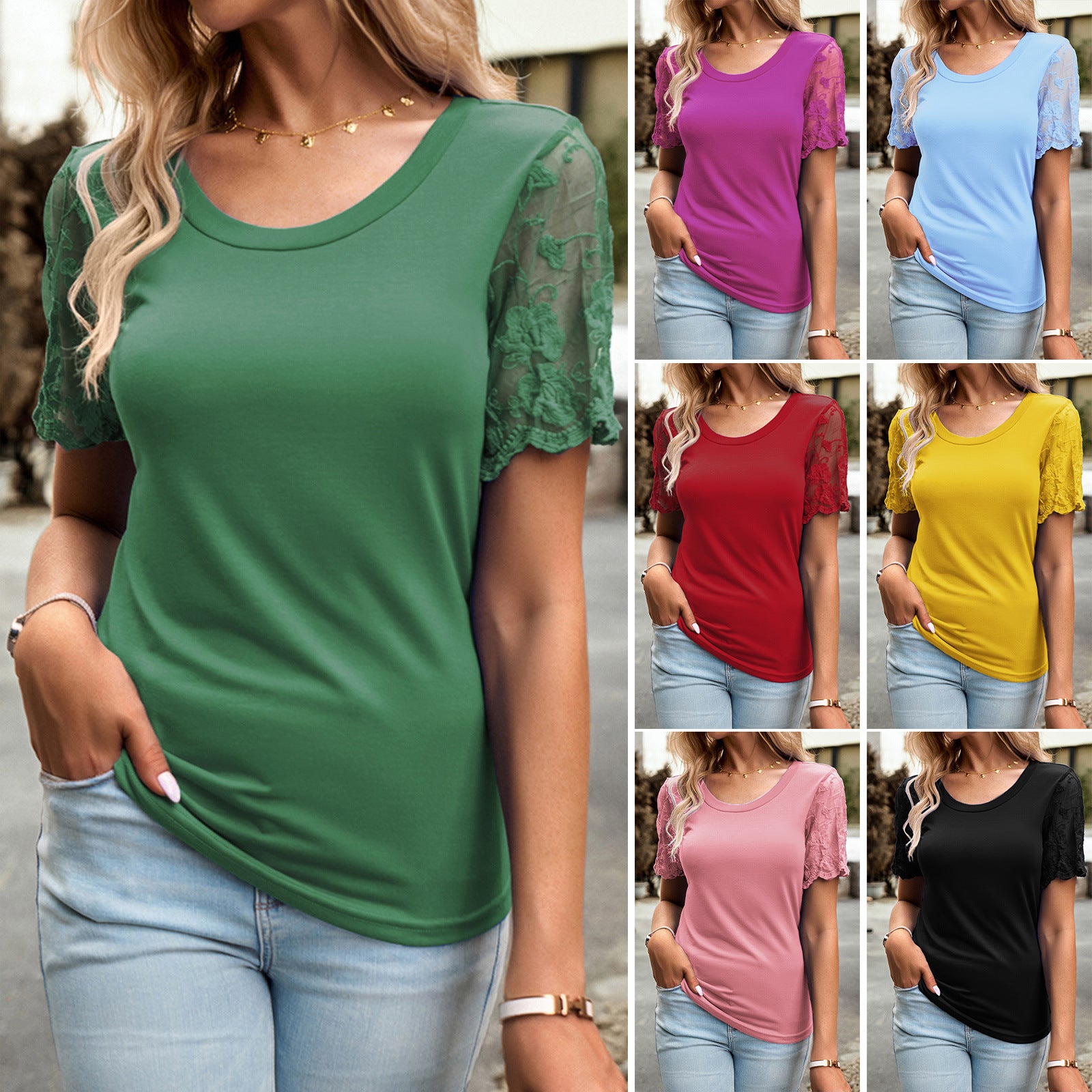 Spring and Summer Casual Temperament Crew Neck Lace Short Sleeve T-Shirt