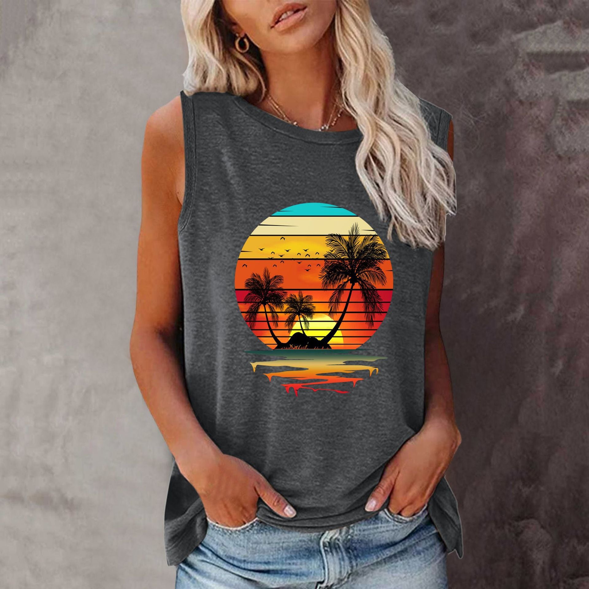 New Summer Beach Sunset Coconut Tree Crew Neck Sleeveless Vest