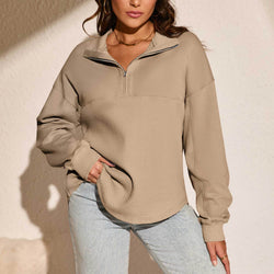 Splicing waffle semi-open neck zipper comfortable casual loose long-sleeved sweater