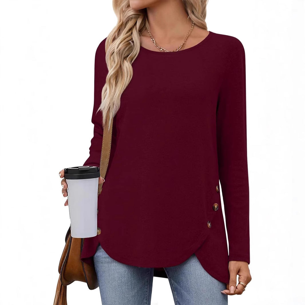 New solid color loose round neck long sleeve split button T-shirt women