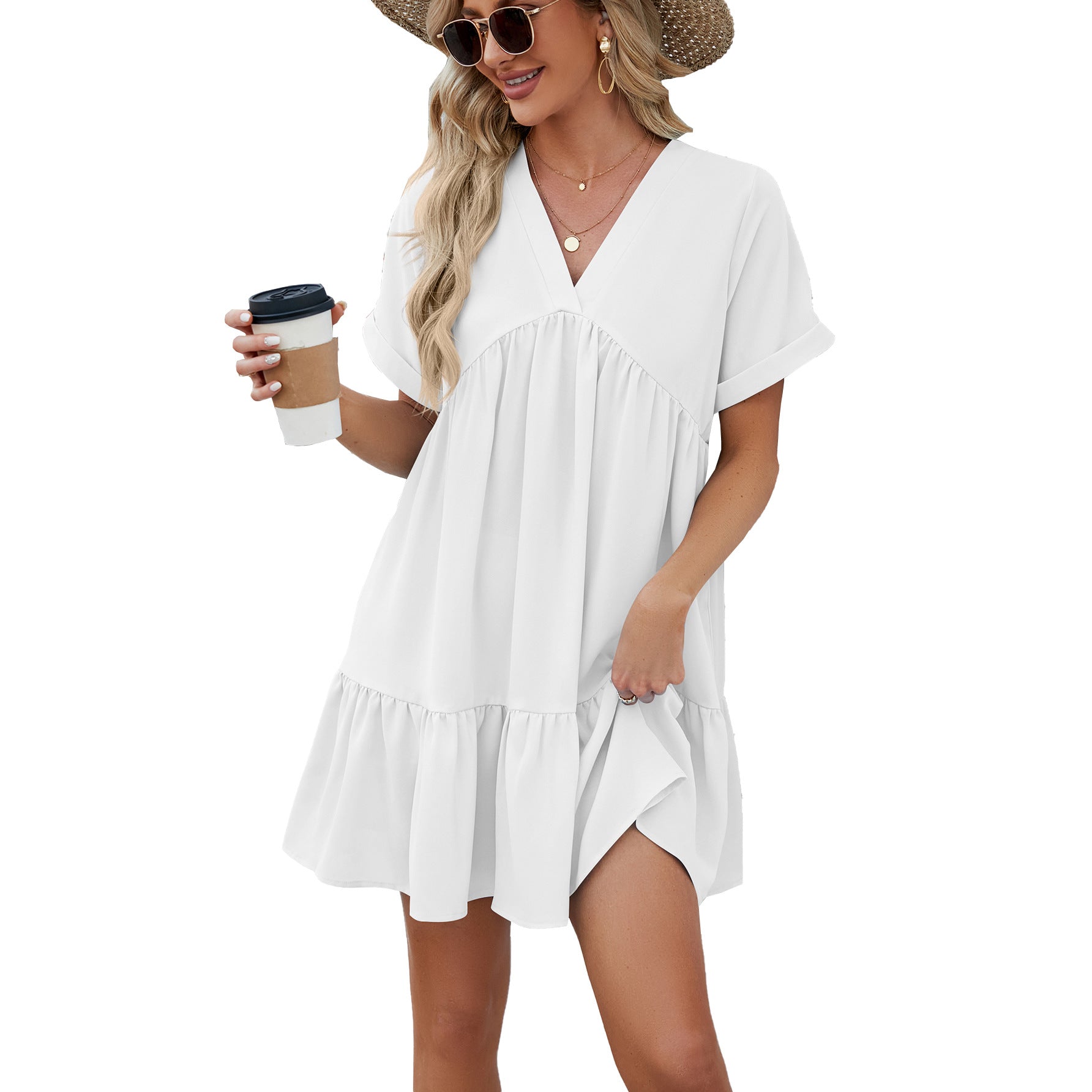 Spring and summer new solid color V-neck loose pleated dress women