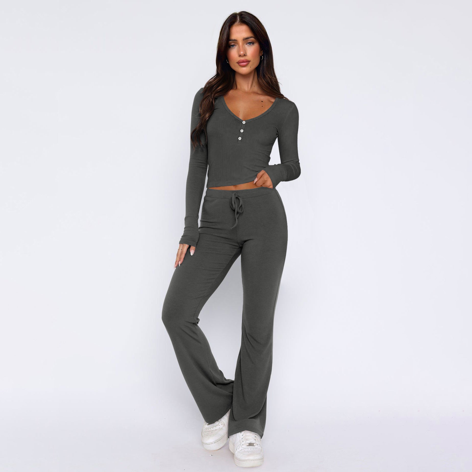 Women's slim-fitting sexy button-up long-sleeved top, lace-up trousers, fashionable two-piece set