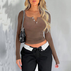 Casual solid color slim-fit v-neck long-sleeved T-shirt