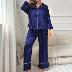 Women's loungewear autumn and winter silk satin long-sleeved trousers two-piece pajamas women can