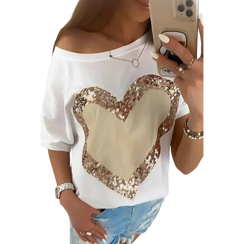 Summer New Love Sequins Crew Neck Pullover Women's Shoulder Short Sleeve T-Shirt Women's