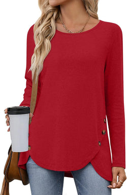 New solid color loose round neck long sleeve split button T-shirt women