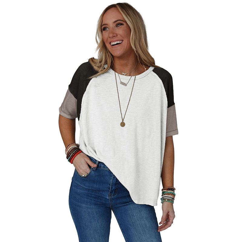 Versatile short-sleeved T-shirt personalized contrasting color splicing jumper top