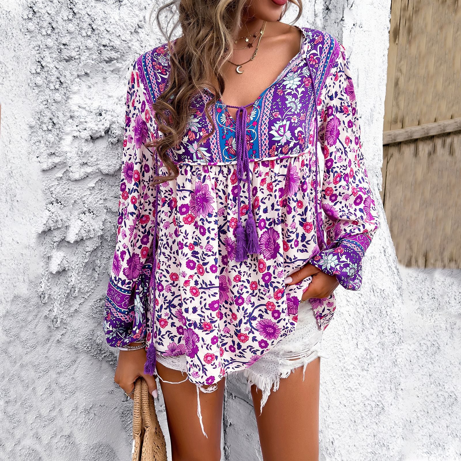 Spring and summer casual vacation printed long-sleeved shirt