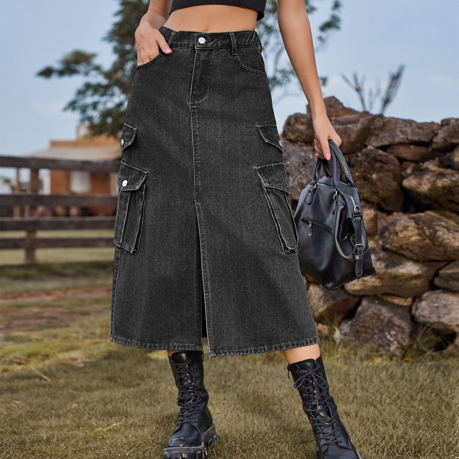 Tight waist denim tooling casual mid-length skirt skirt