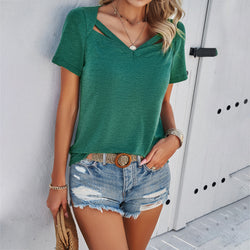 Spring and summer casual solid color short-sleeved V-neck T-shirt