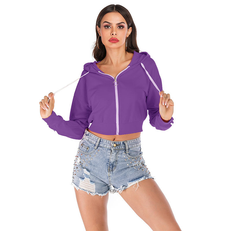 Solid color hooded long-sleeved casual bottoming sweater jacket women's short model