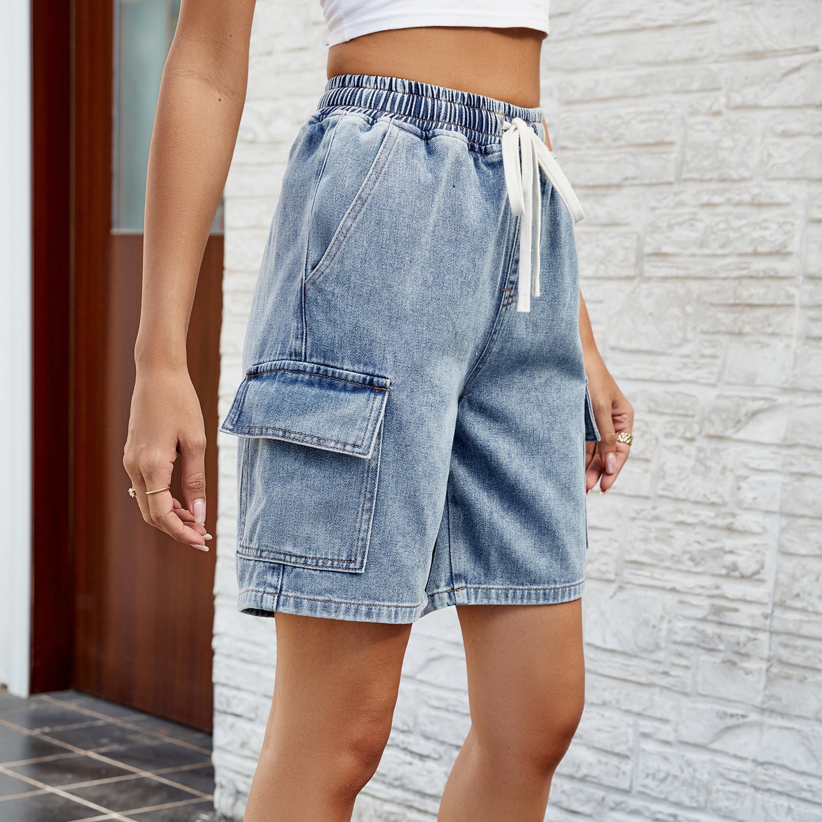 Washed lace-up elastic waist five-point denim shorts tide