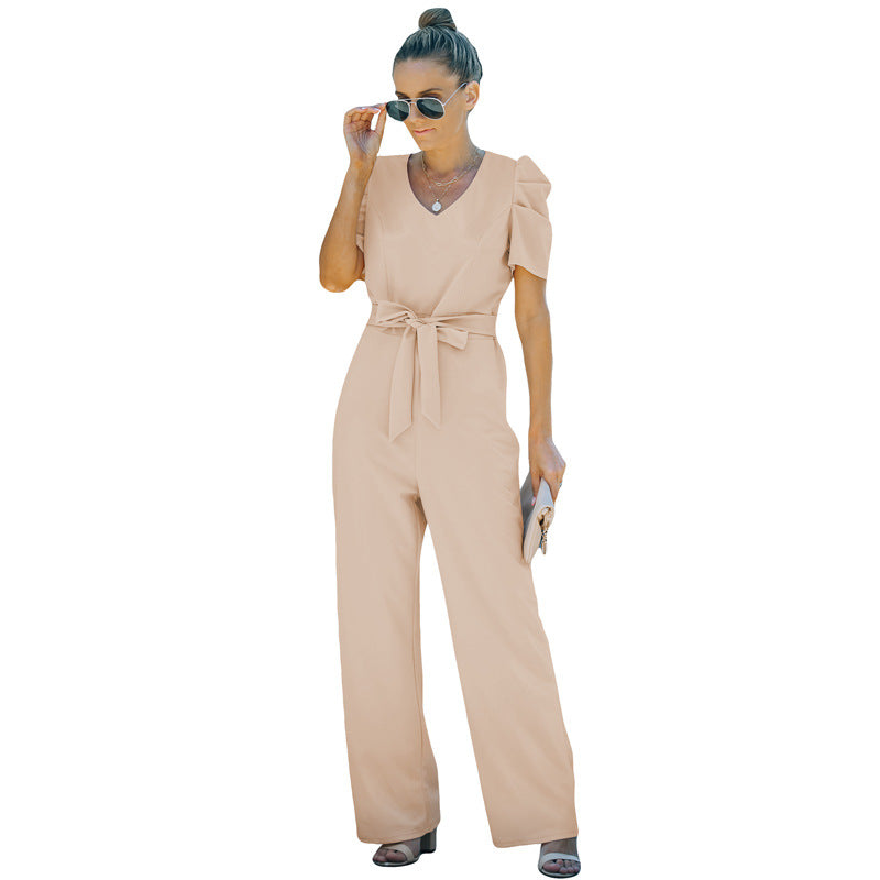 Short-sleeved jumpsuit women's 2022 new solid color casual waist flared pants trousers