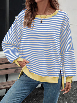 Loose Striped Casual Sweater Split Forked Crew Neck Trendy Design Versatile Top Ladies