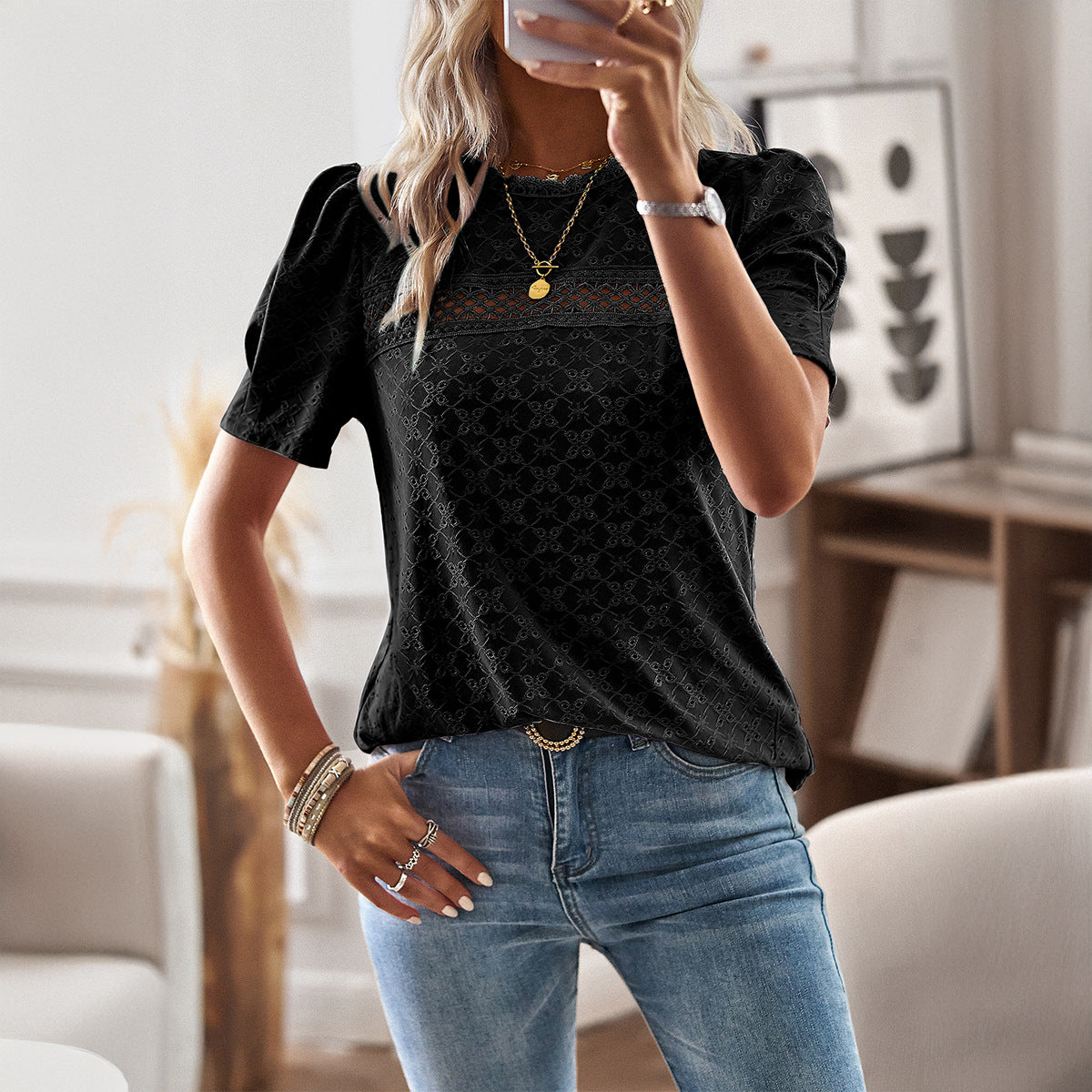 Crew neck spliced top spring and summer temperament casual T-shirt