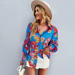 Contrast color printed shirt autumn and winter long-sleeved versatile top