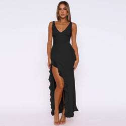 Pure desire sexy V-neck side split dress ruffle edge high-end slim dress