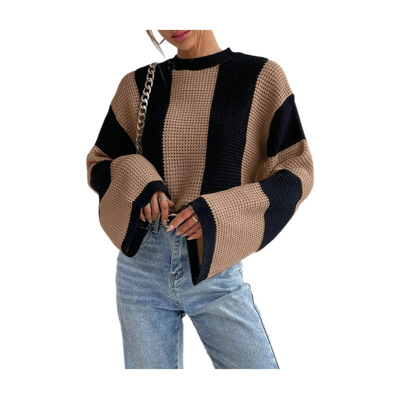 Knitted sweater top crew neck striped design sense niche sweater jacket women