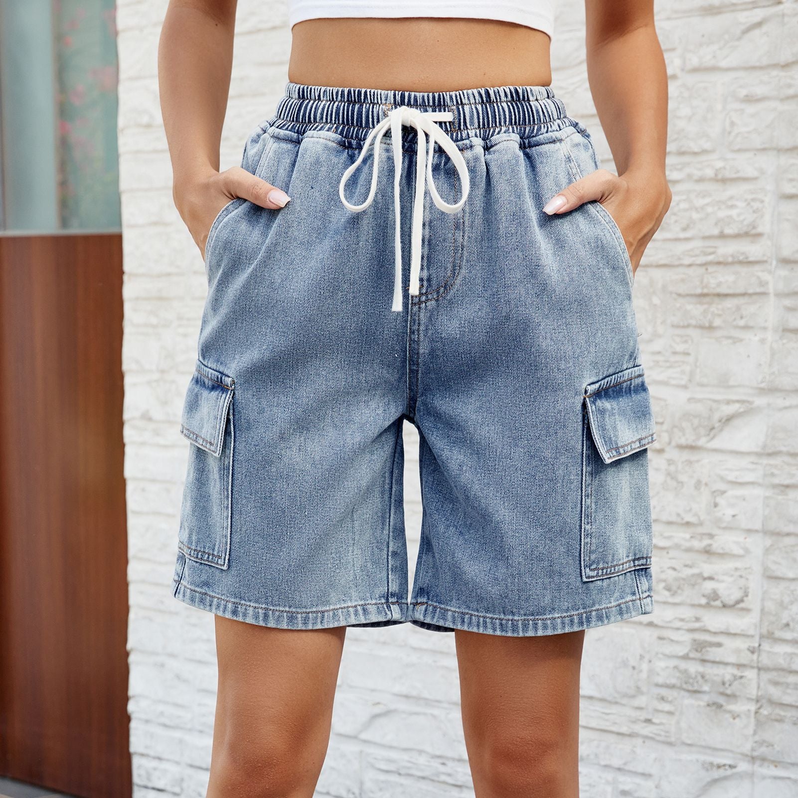 Washed lace-up elastic waist five-point denim shorts tide