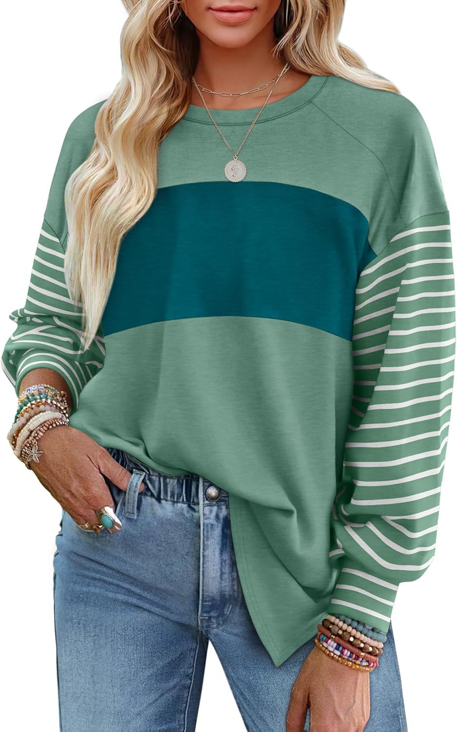 Pullover Crew Neck Casual Striped Contrast Long Sleeve T-Shirt Women