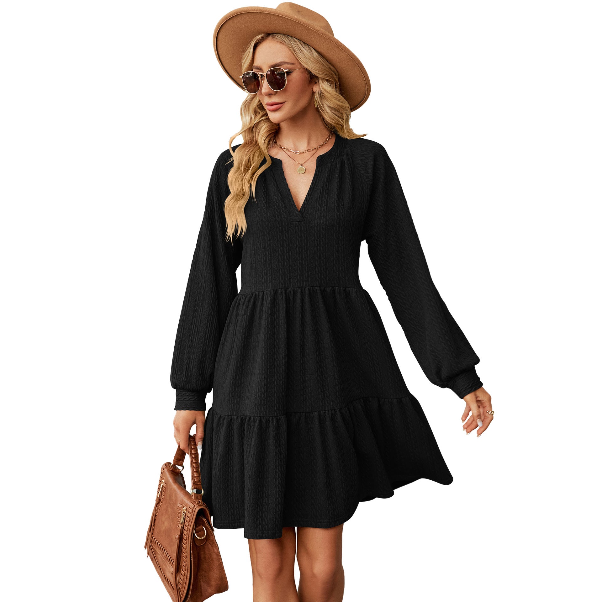 New solid color V-neck loose pleated splicing long-sleeved dress