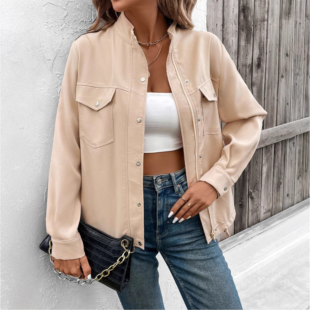 Women's stand-up collar solid color jacket women's