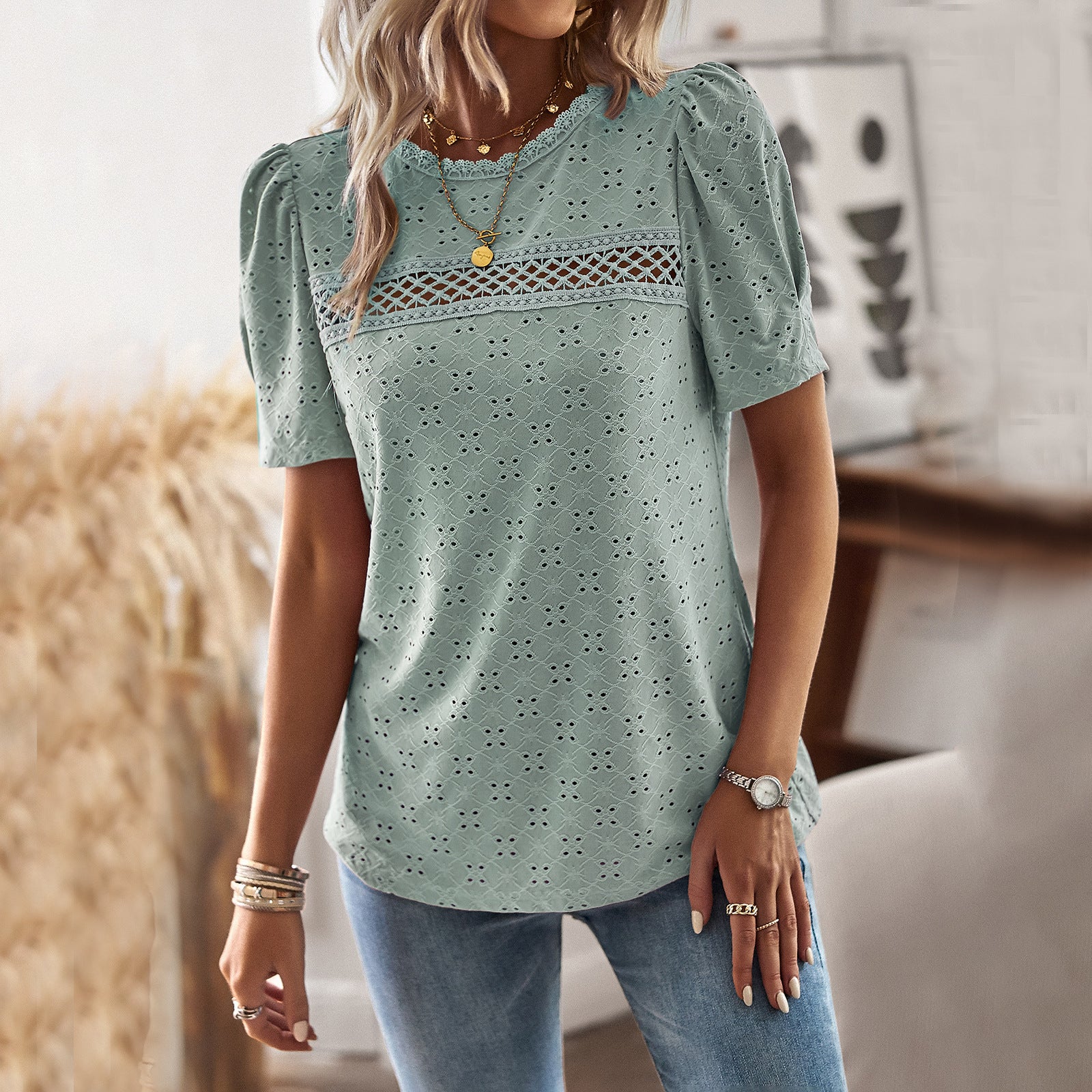 Crew neck spliced top spring and summer temperament casual T-shirt