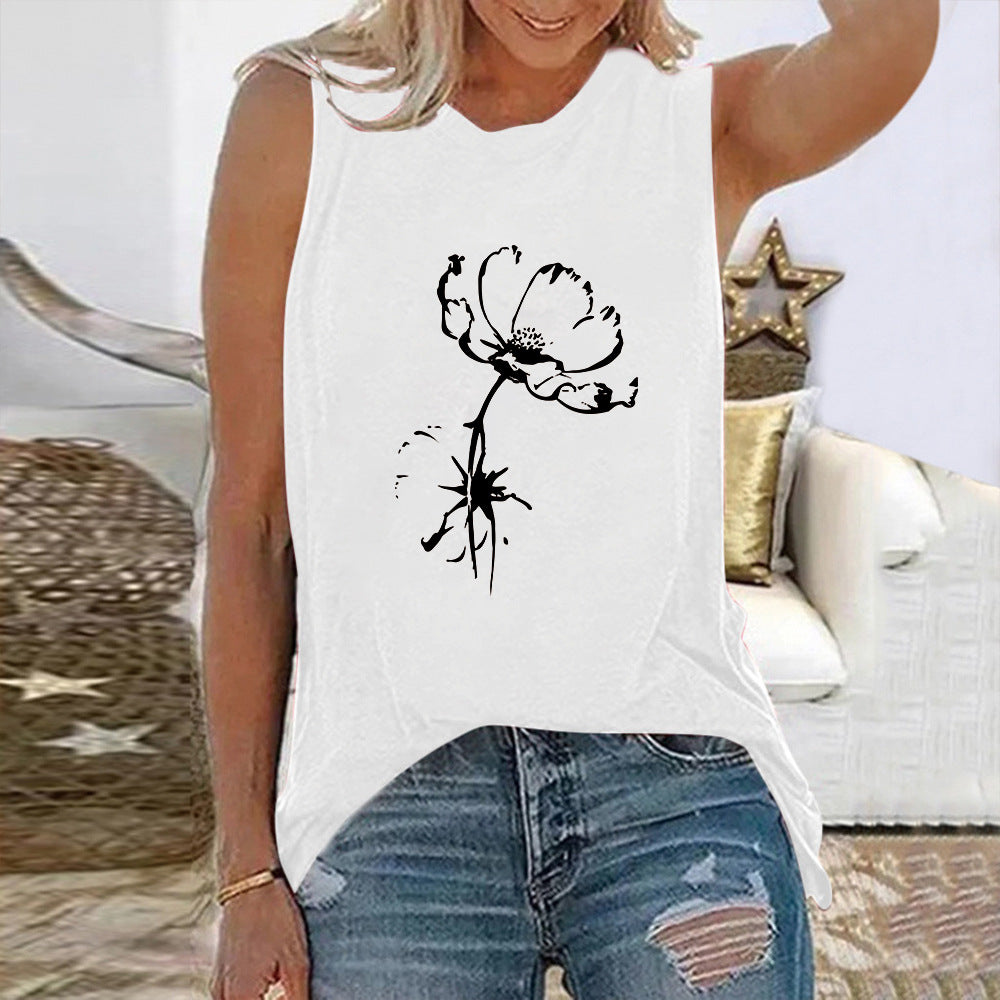 New Sunflower Butterfly Pattern Women's Crew Neck Top Sleeveless Vest