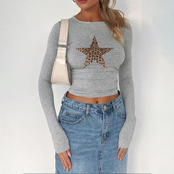 Printed star Y2K sexy waist open button long sleeve T-shirt