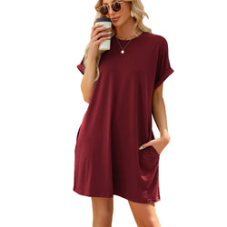 Spring and summer new solid color round neck pocket loose short-sleeved dress