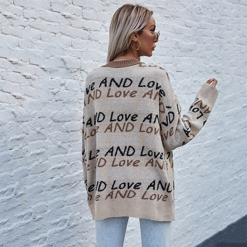 European and American alphabet fashion jacquard long-sleeved medium and long sweater jacket