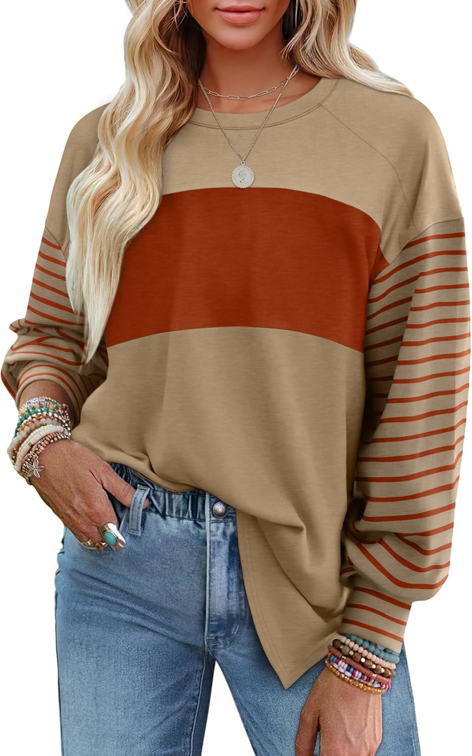 Pullover Crew Neck Casual Striped Contrast Long Sleeve T-Shirt Women